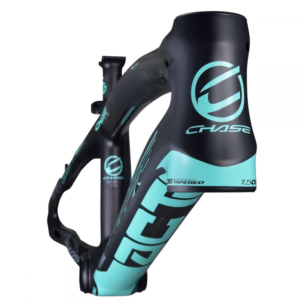 A close-up view of a black and teal BMX racing frame featuring the Chase logo and branding, highlighting the sleek lines of the Chase ACT 1.2 Carbon BMX Race Frame Pro XXL.