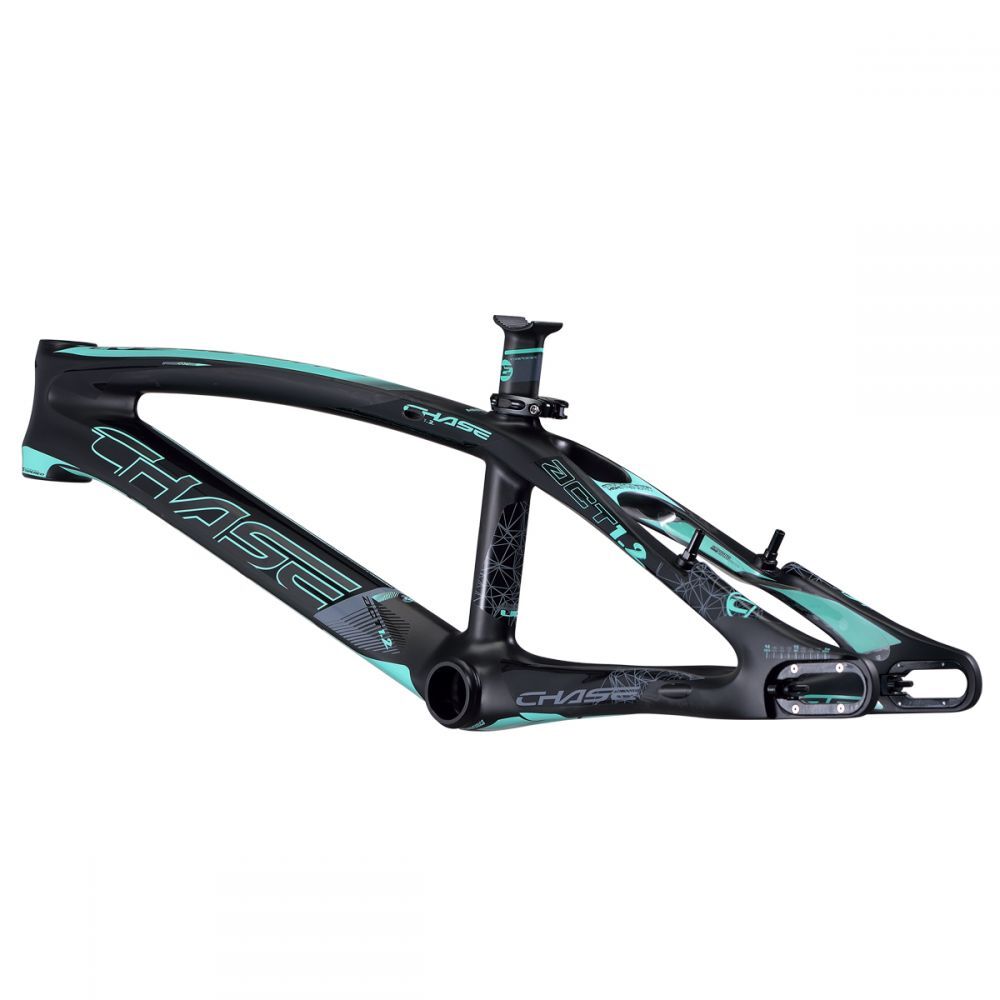 A black and teal BMX racing frame with the brand name "Chase" displayed on it. The Chase ACT 1.2 Carbon BMX Race Frame Pro XXL features aerodynamic design elements and a sleek, modern look.