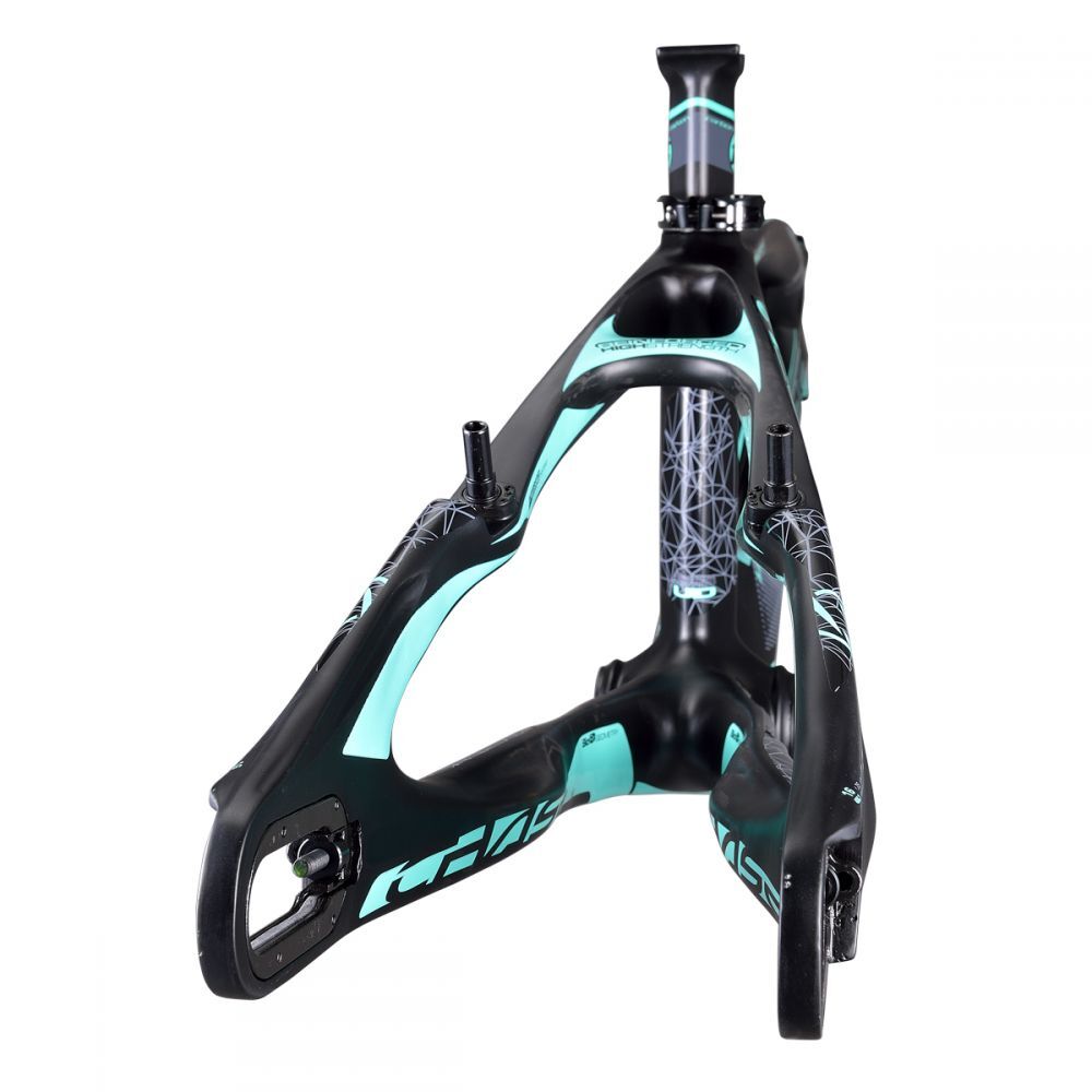 A black and teal BMX racing frame with intricate geometric designs and integrated components, the Chase ACT 1.2 Carbon BMX Race Frame Pro XXL features a lightweight Carbon Monocoque Frame, displayed against a white background.