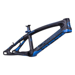 A black and blue Chase ACT 1.2 Carbon BMX Race Frame Pro + is shown, featuring aerodynamic curves. This BMX racing frame is designed for high performance on the track.