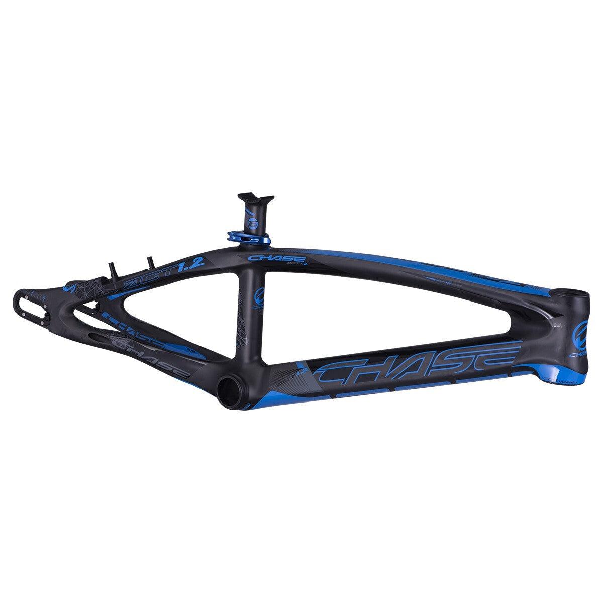 A black and blue BMX racing frame with "CHASE" branding, featuring a streamlined and lightweight design, perfect for the Chase ACT 1.2 Carbon BMX Race Frame Pro + enthusiasts.