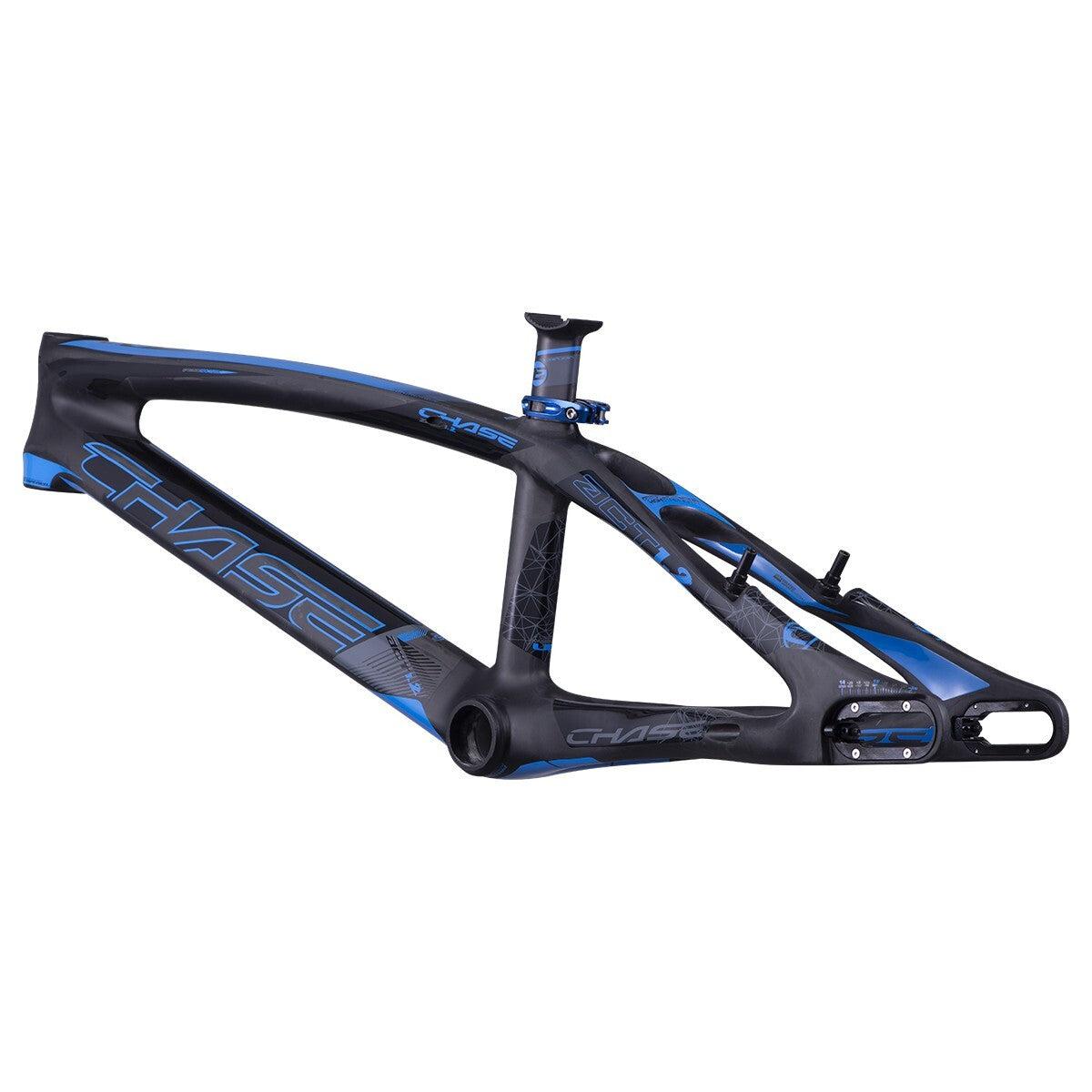 A sleek, black and blue BMX racing frame with the name "Chase ACT 1.2 Carbon BMX Race Frame Pro +" prominently displayed on the side. The carbon monocoque frame includes mounting points for components but is otherwise bare.