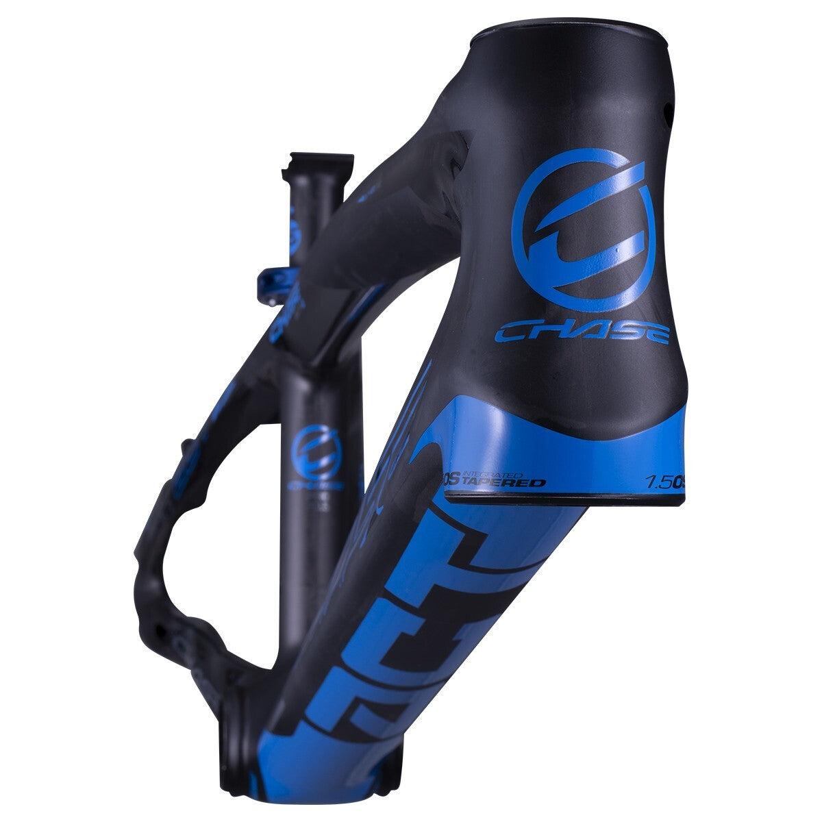 Close-up view of a black and blue Chase ACT 1.2 Carbon BMX Race Frame Pro + with logos and graphics, focusing on the head tube section.