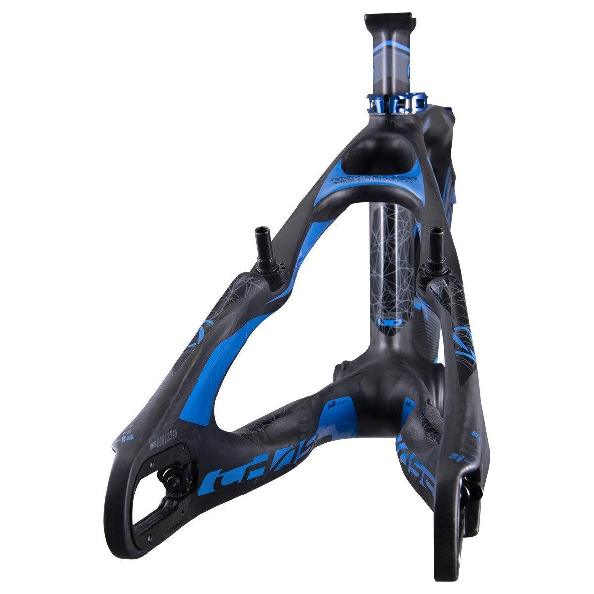 A close-up view of a black and blue carbon fiber Chase ACT 1.2 Carbon BMX Race Frame Pro XXL+ featuring a geometric design. The frame is shown at an angle, highlighting the seat tube and the rear triangle section.