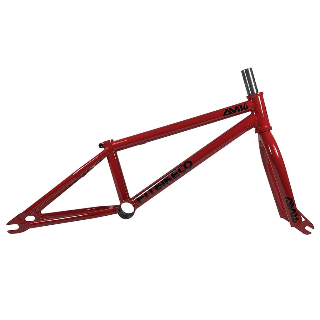 The Fit Bike Co AM 16 Frame & Fork Kit for young shredders comes with sleek black decals set on a striking red background.