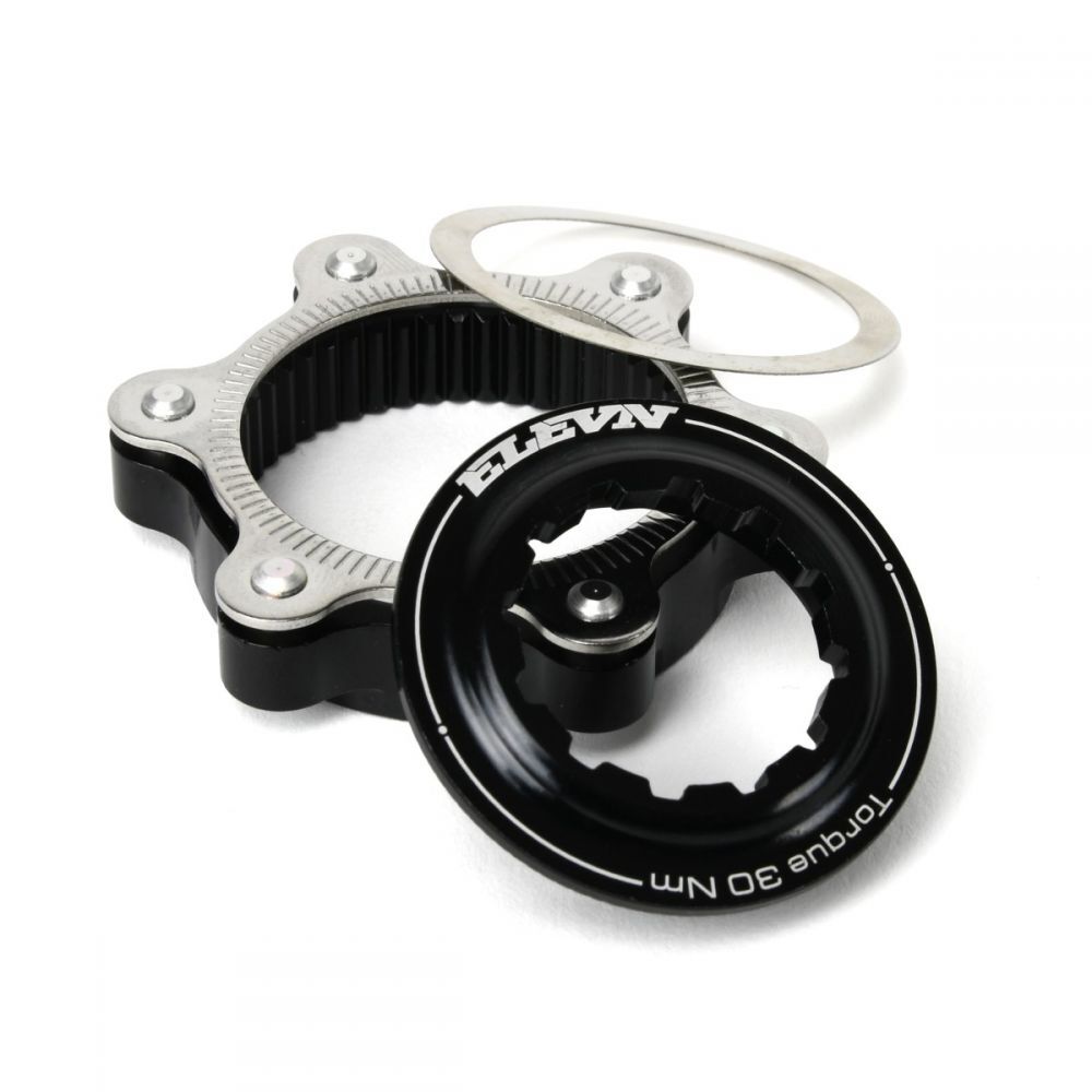 The Elevn Centerlock ISO Adapter Kit is a comprehensive bicycle bottom bracket toolset featuring multiple components, including a wrench and a torque measuring ring.