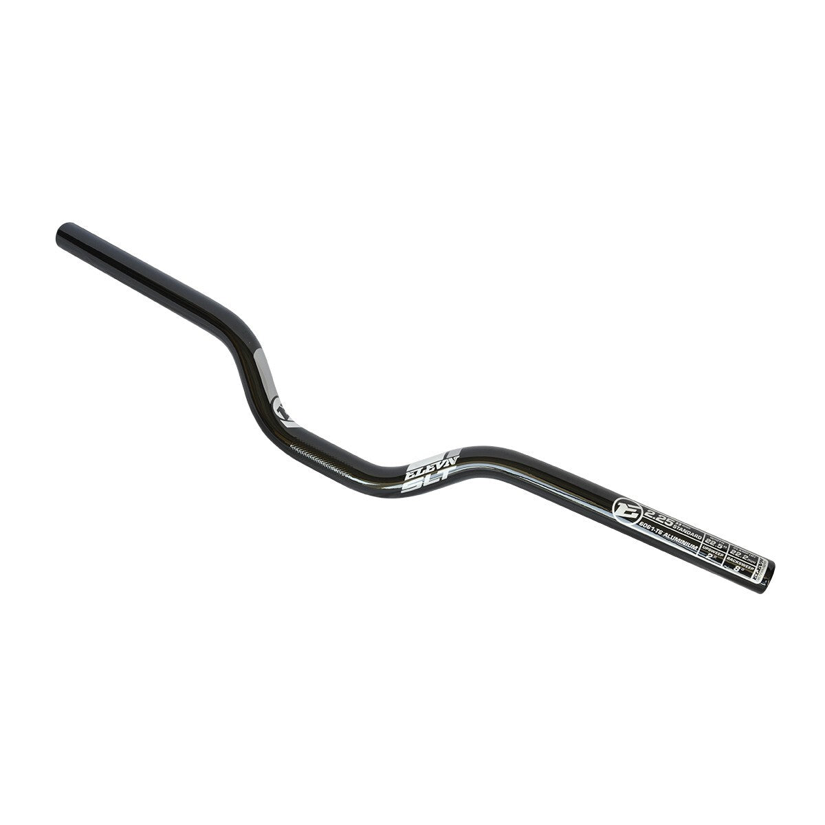 A black Elevn 2.25" SLT Alloy Bar V-2 made from Aluminum 6061 with a slightly curved shape and brand labels, ideal for kids race gear, is shown against a white background.