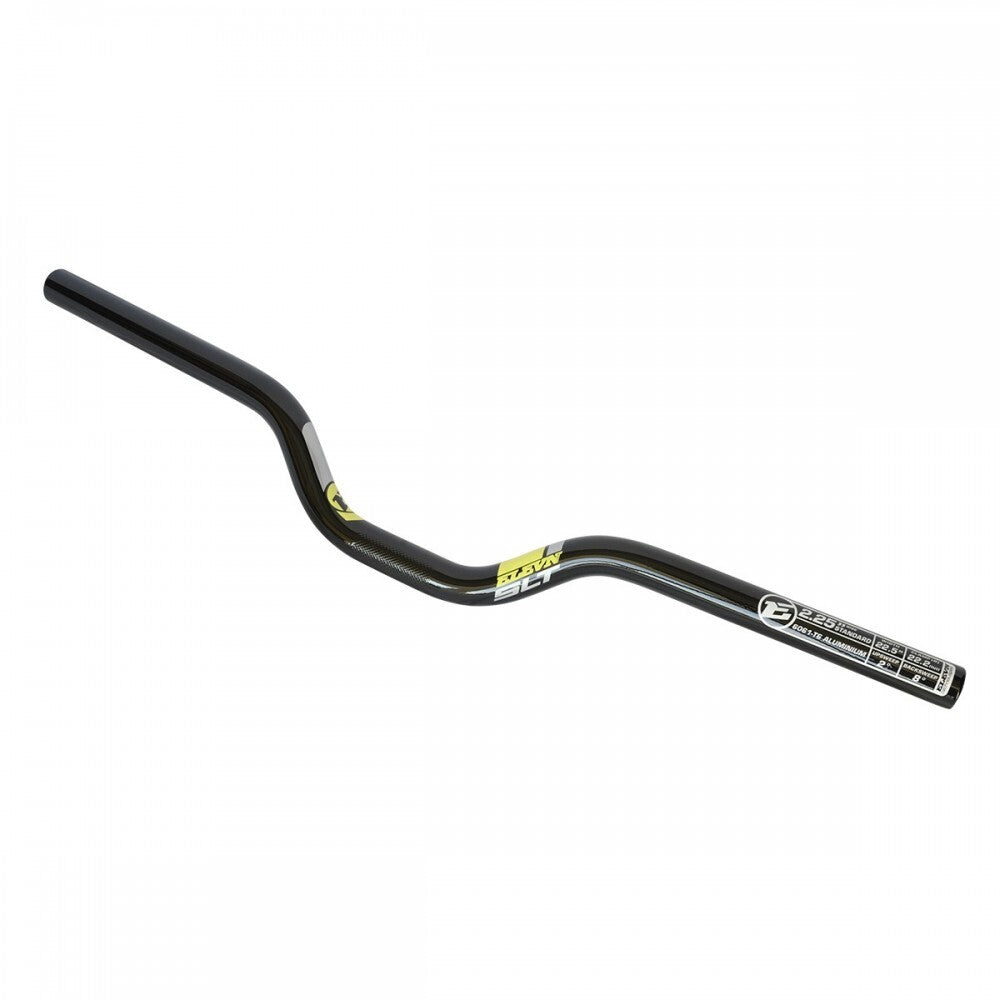 A black, curved Elevn 2.25" SLT Alloy Bar V-2 with yellow and white decals, featuring ergonomic bends for improved grip and comfort, crafted from durable Aluminum 6061. Perfect for kids' race gear.