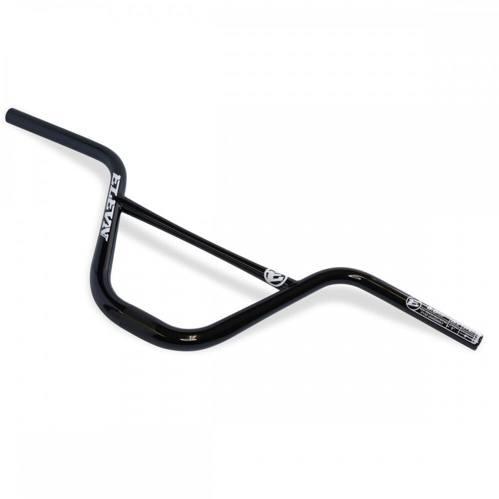 The black Elevn Pro SLT Flat 31.8mm Chromoly Handlebar features a unique angular design, crafted with 4130 Chromoly, subtle branding, and precision measurement markings.