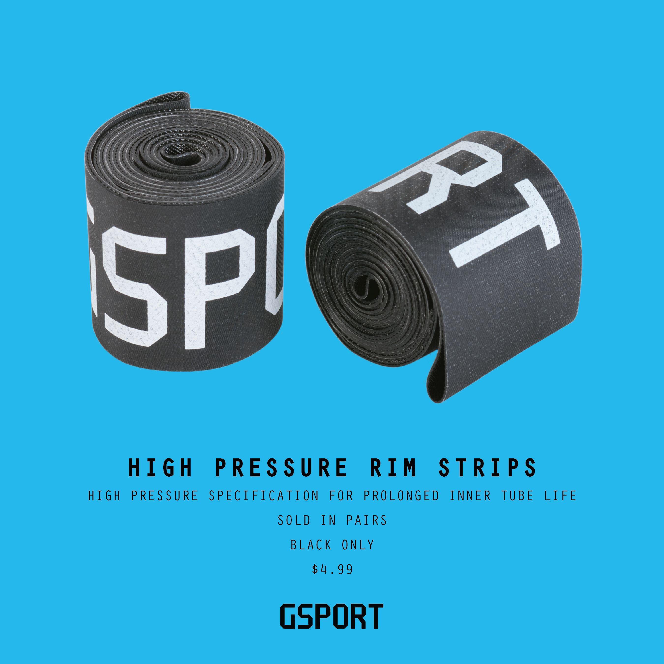 Two black G-Sport High Pressure Rim Strips, ideal for 20-inch BMX rims, showcase unique white text on a blue backdrop. Priced at $4.99.