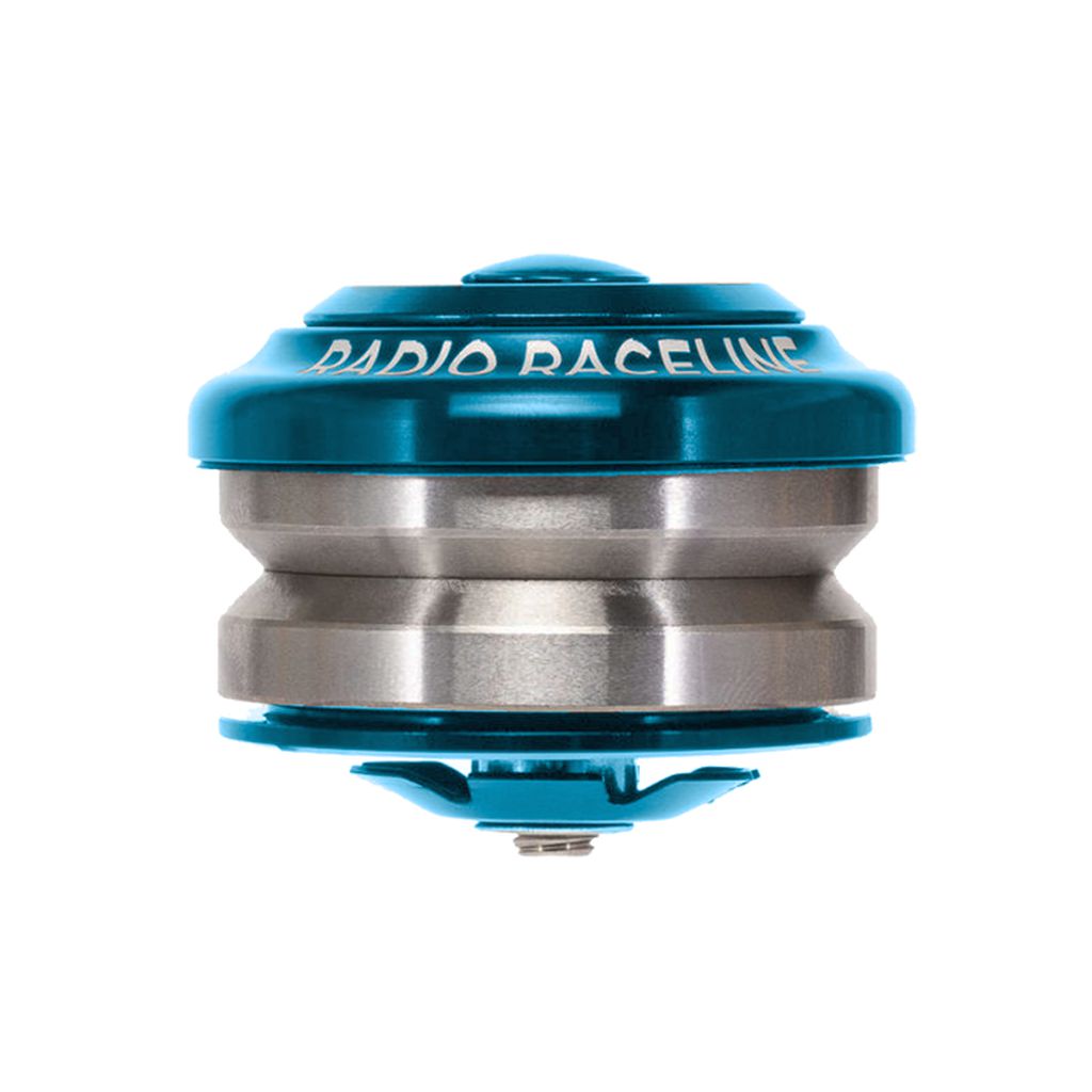 A blue and silver Radio Raceline 1-1/8 Inch Integrated Headset, highlighting high-precision bearings and a CNC machined top cap, features an integrated design with visible components.