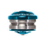 A blue and silver Radio Raceline 1-1/8 Inch Integrated Headset, highlighting high-precision bearings and a CNC machined top cap, features an integrated design with visible components.