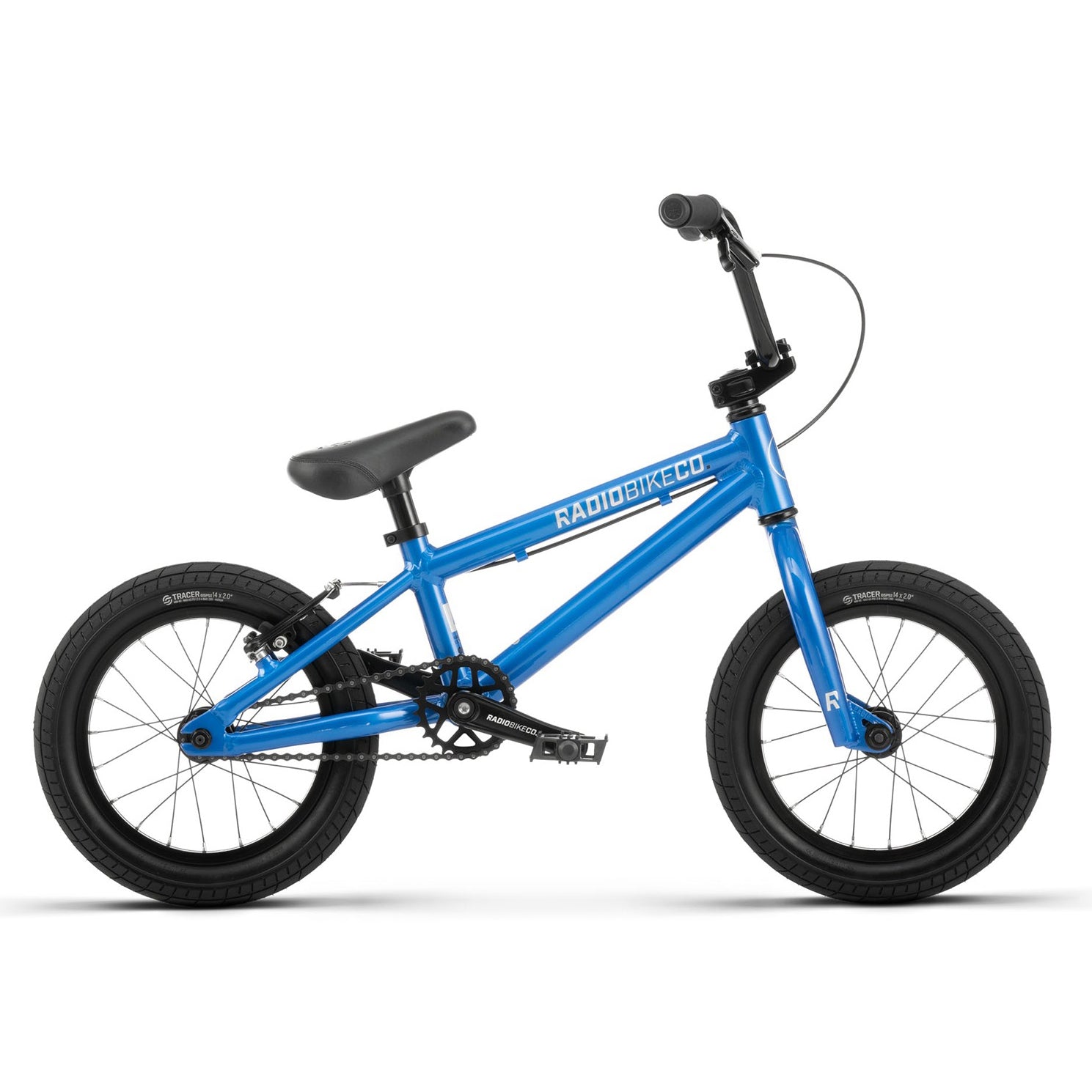A blue BMX bike with black tires, straight handlebars, and "Radio Dice 14 Inch Bike" printed on the frame. The 14-inch lightweight kids bike is in a standing position.