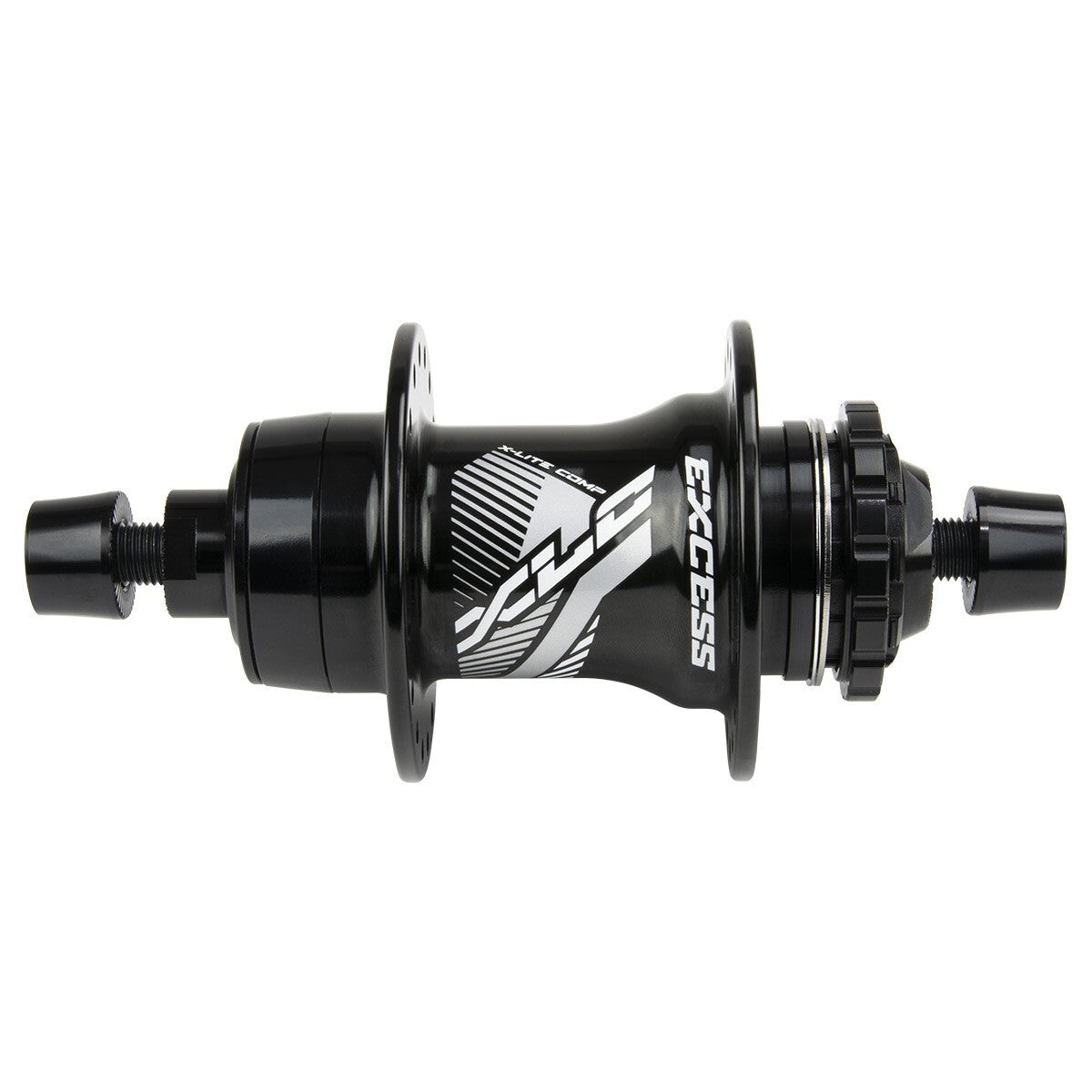 The Excess Pro Rear Hub 120R, designed for a high-end wheelset, boasts white graphics with the word "EXCESS" prominently displayed. It features flanges on both ends and comes with axle bolts for easy attachment.