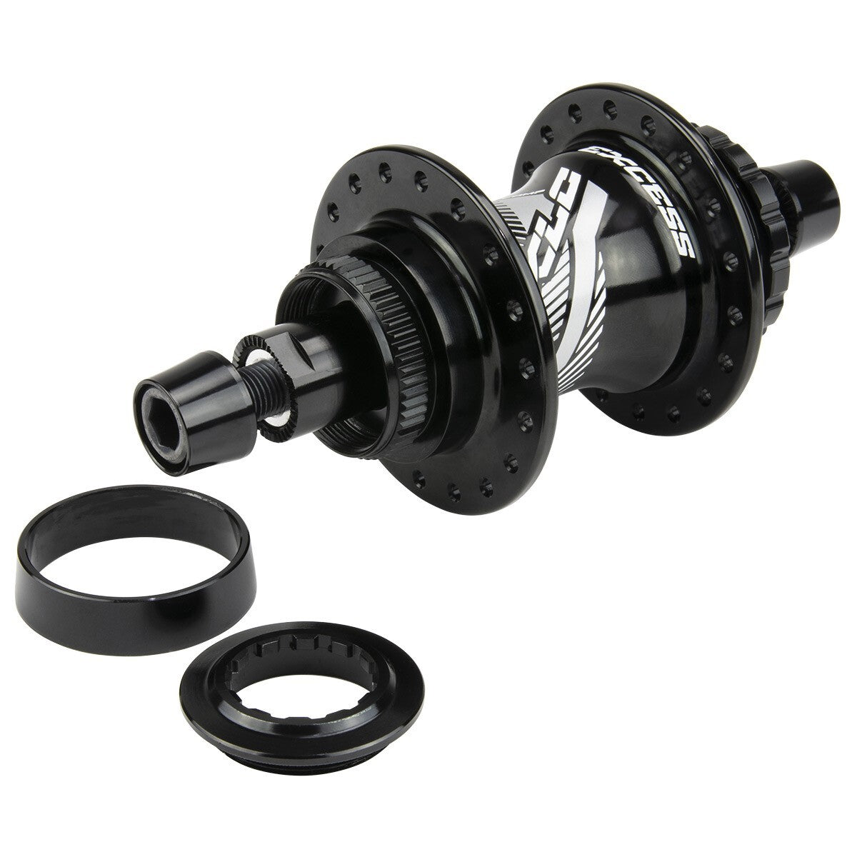 The Excess Pro Rear Hub 120R, emblazoned with the 'AXCESS' logo on its central cylindrical section, features two round flanges with multiple mounting holes. A separate ring is included, making it an ideal component for any high-end wheelset.