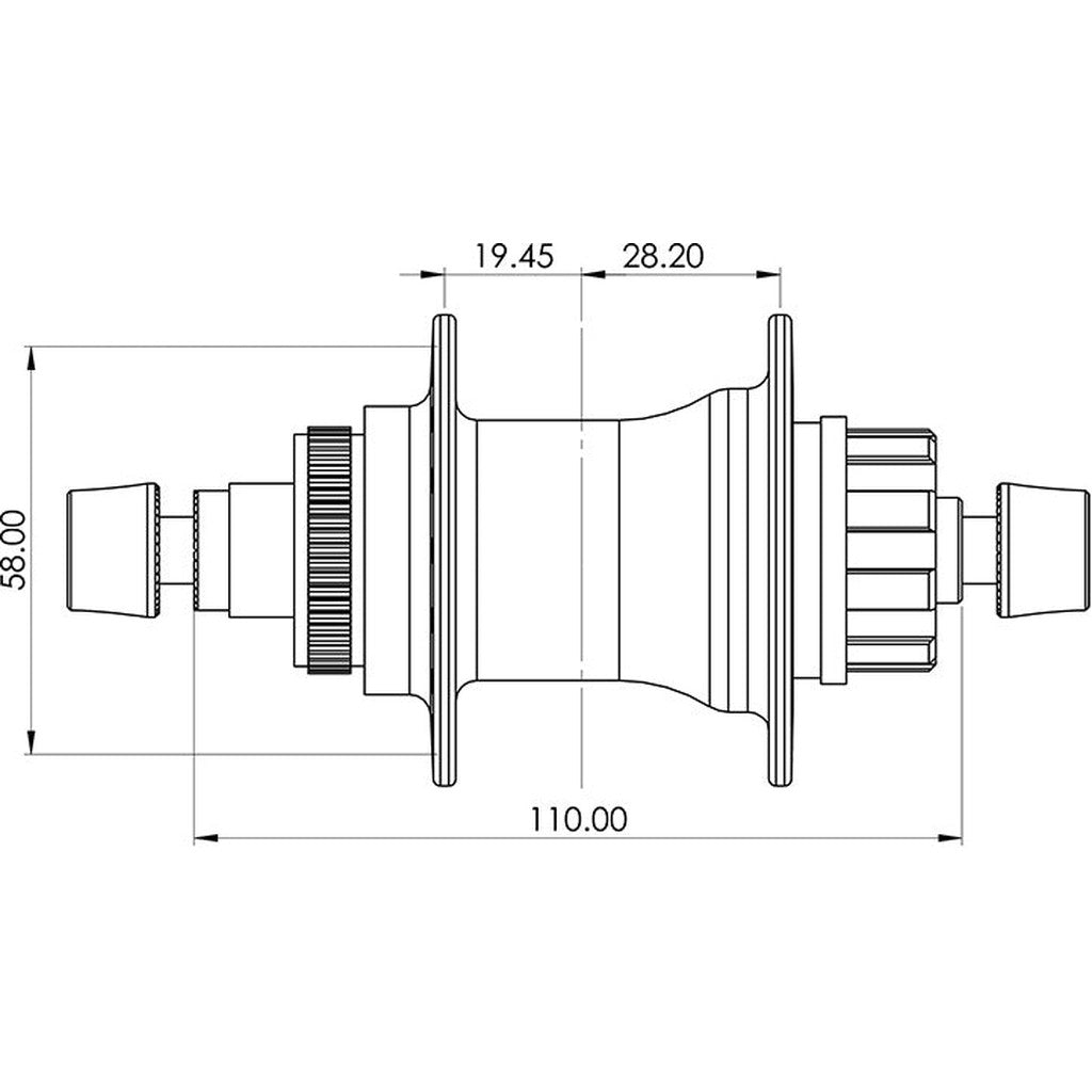 Technical drawing of the Excess Pro Rear Hub 120R showing detailed dimensions: 110.00 mm length, 58.00 mm diameter, and sections labeled 19.45 mm and 28.20 mm. Designed for a high-end wheelset with disc brake compatibility.