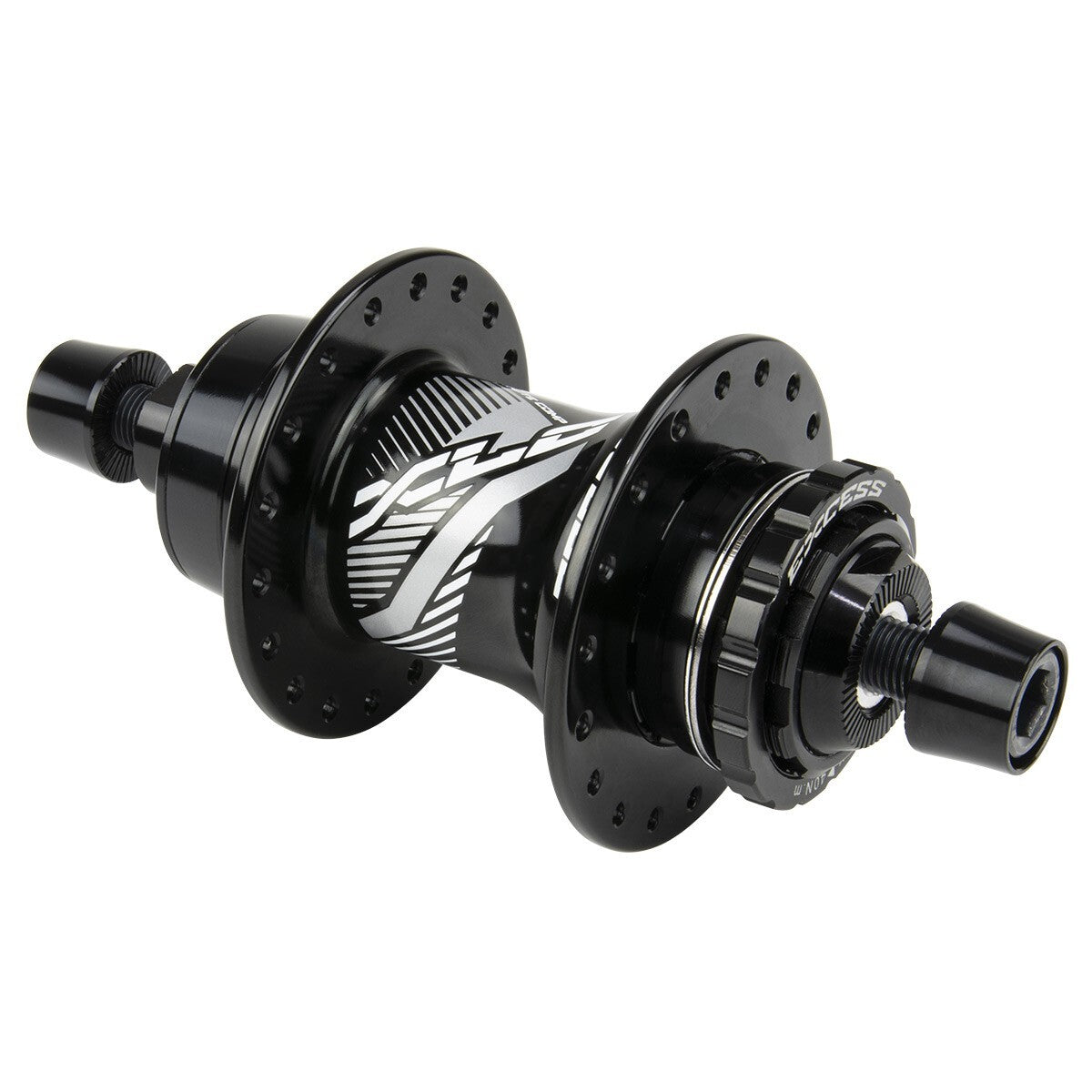 A black bike hub with a 36 hole configuration for spokes, featuring a pattern and the text "XTR" in white on the central cylinder. This disc brake hub, known as the Excess Pro Rear Hub 120R, ensures optimal performance and reliability.