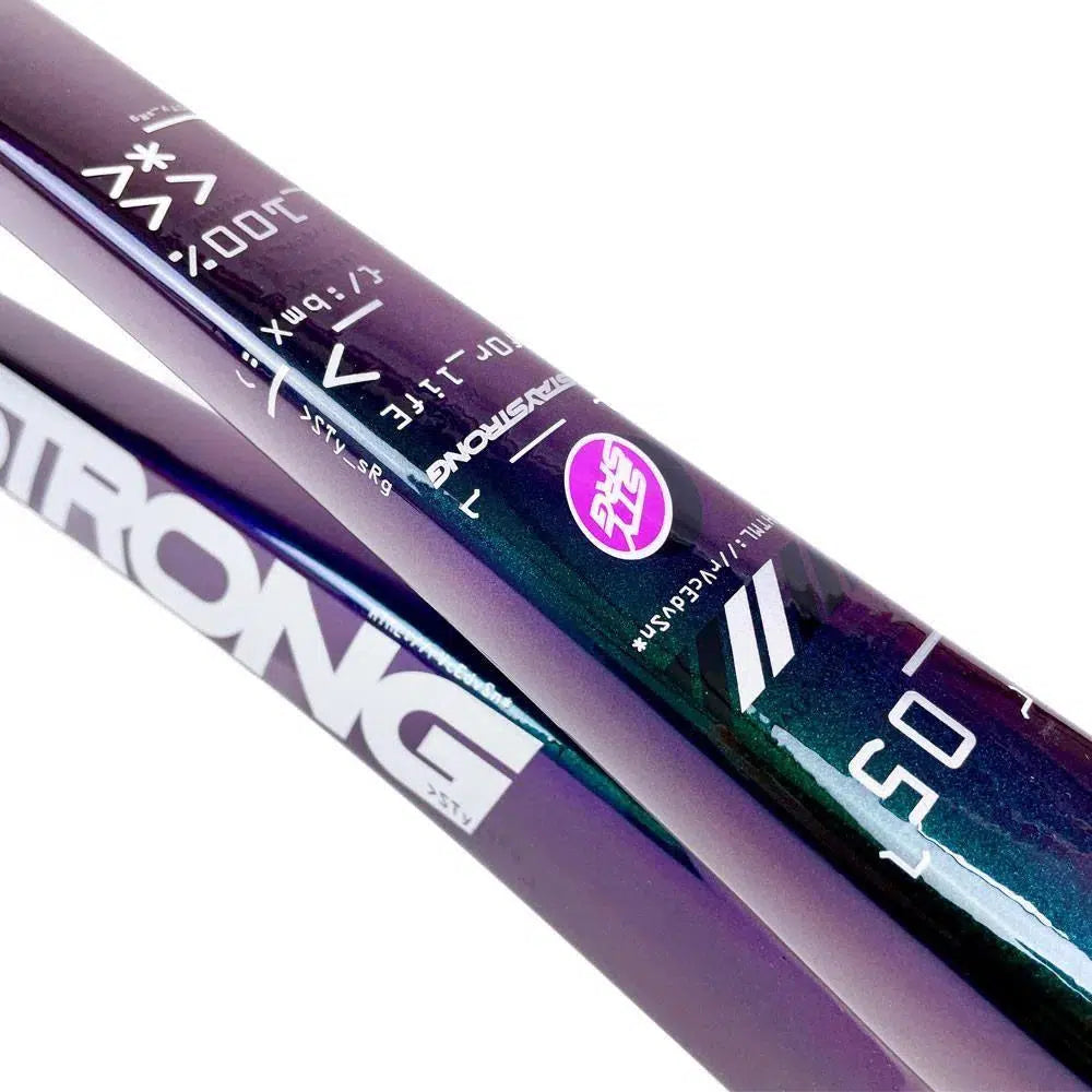 Close-up image of a Staystrong V5 Disc Pro XXL Frame made from 6061 alloy tubing, showcasing brand logos, model numbers, and other text in white and purple.