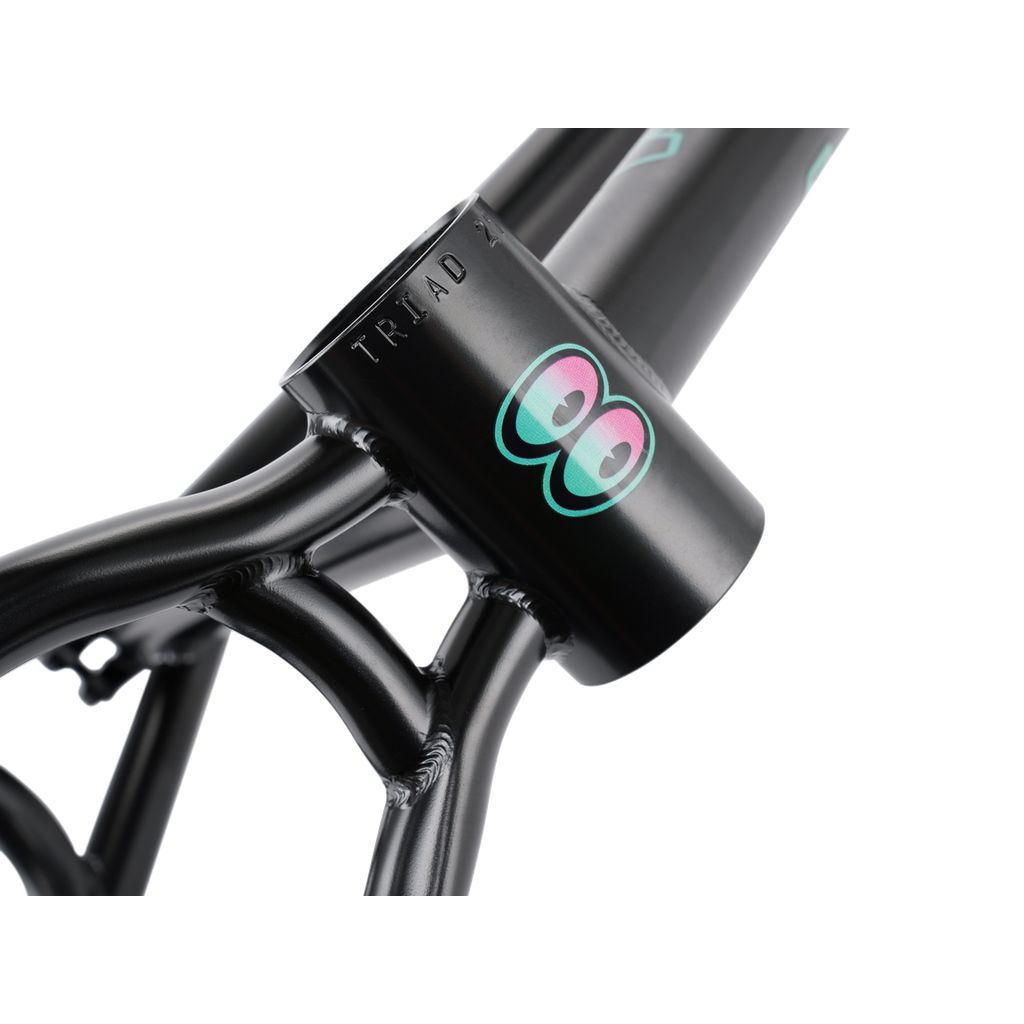 Close-up of a black bike with "TRIAD" boldly displayed and a logo featuring stylized eyes in blue and pink. Its adaptive geometry highlights the durable Wethepeople Trigger Frame that meets the high standards of the WTP AM team.