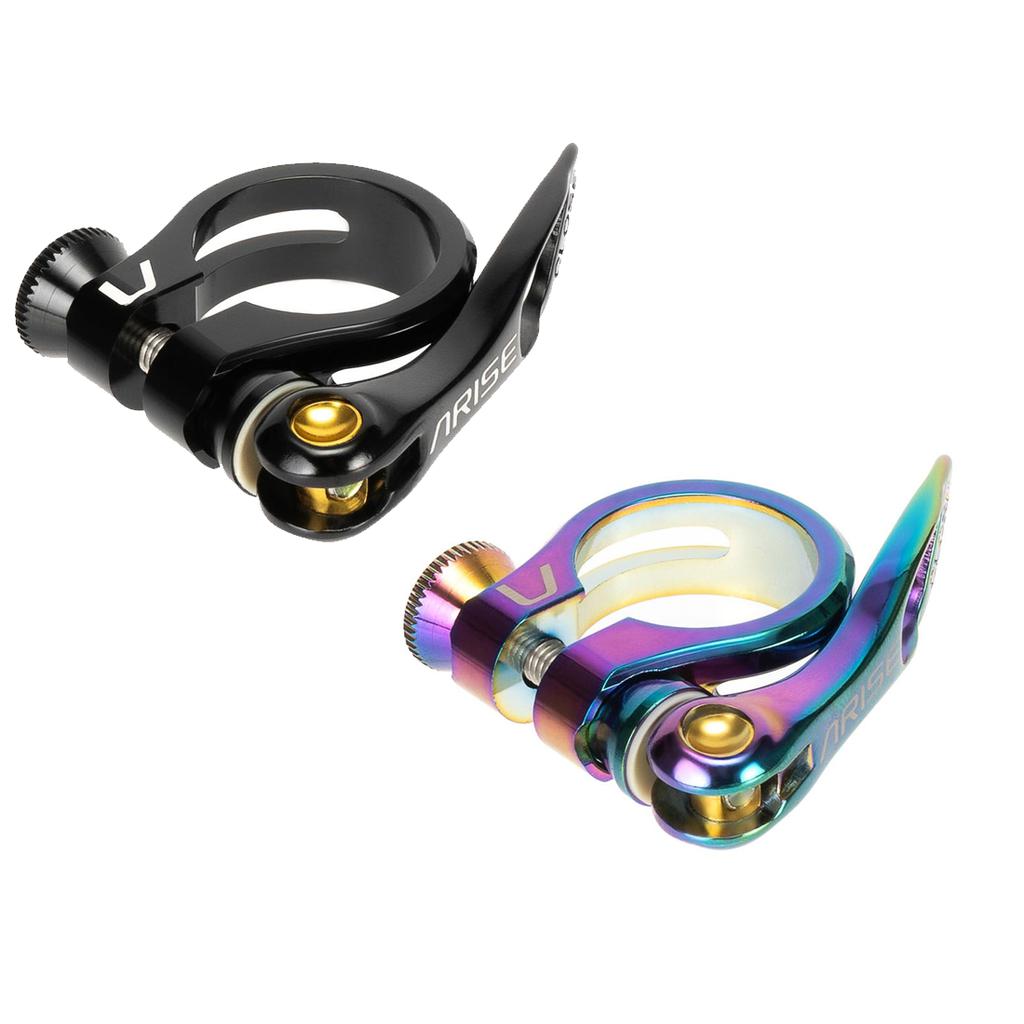 The Arise Ozon Seat Post Clamps come in black and multicolored options, designed for BMX race bikes. With quick-release levers, these lightweight CNC machined clamps allow for easy adjustments while on the go.