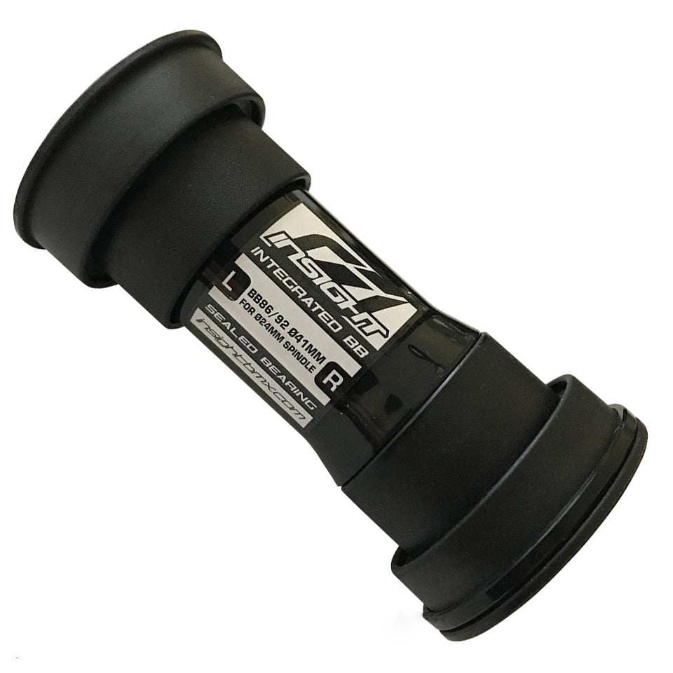 An Insight Sealed PF-24 Bottom Bracket BB86 in black with printed specifications, incorporating sealed cartridge bearings for improved durability.