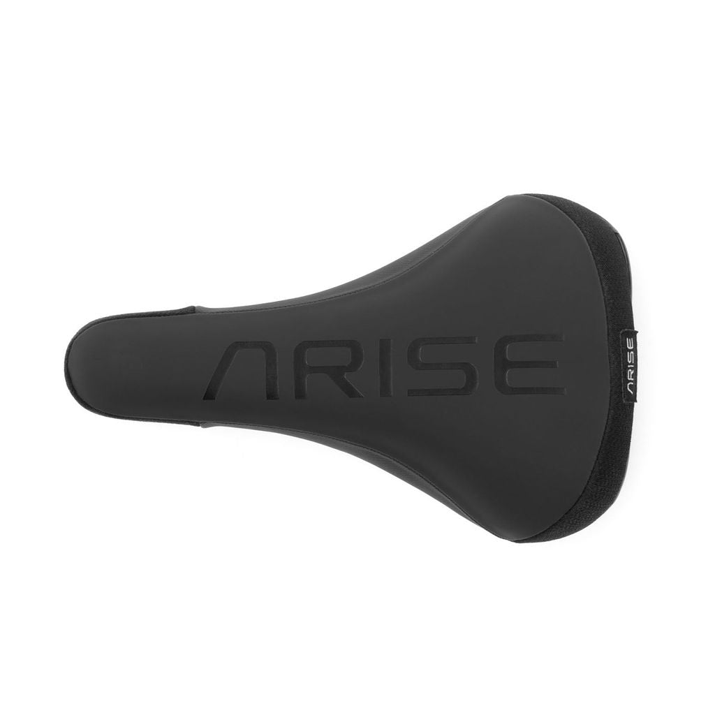 The Arise Sensor Railed Seat is a black bicycle saddle with "ARISE" in large letters on a grippy silicon top, ideal for dirt slopestyle and freeride mountain biking adventures.