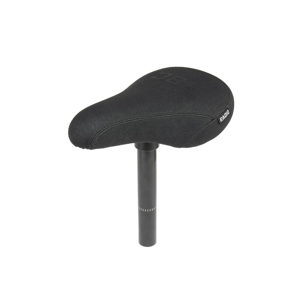 The Radio Century Combo Seat is a black BMX seat and post featuring a textured surface, fat foam padding, a logo imprint on the side, and lightweight durable materials for comfort and resilience to enhance performance.