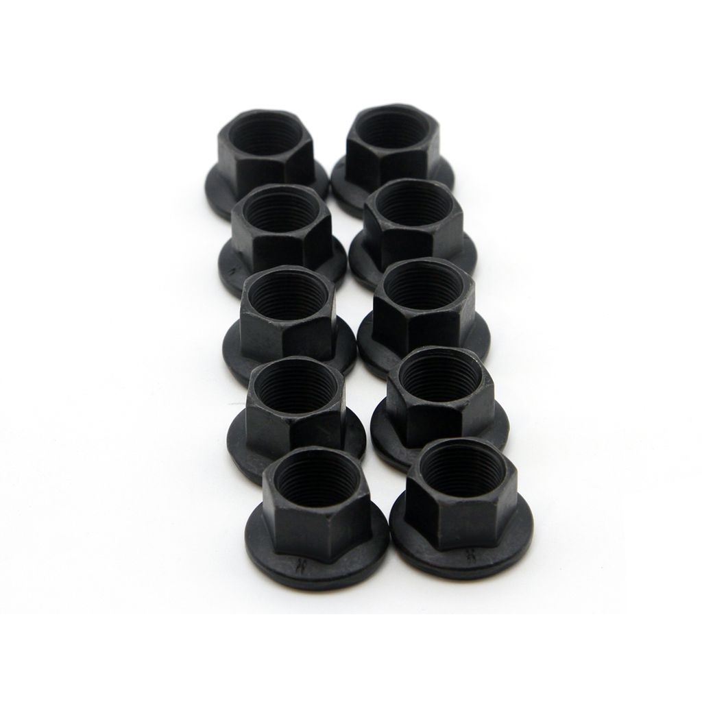 Close-up of ten DRS Axle Nuts (14mm) arranged in three neat rows on a white background.