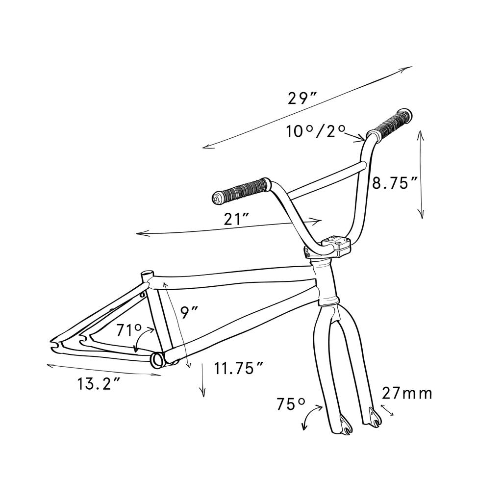 Technical diagram of a Fly Bikes Electron 20 Inch Bike frame, meticulously detailing measurements for various angles and lengths, including handlebar width, frame angles, and fork length. The use of Cr-Mo material guarantees durability and performance that complements the precision of the design.