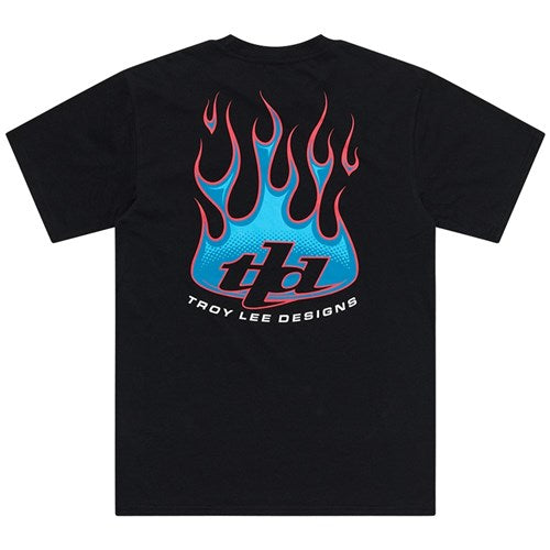 The TLD 25.1 Torched SS T-Shirt is a black tee with a striking blue flame design and "Troy Lee Designs" text on the back, truly capturing the essence of a blue hot tee.