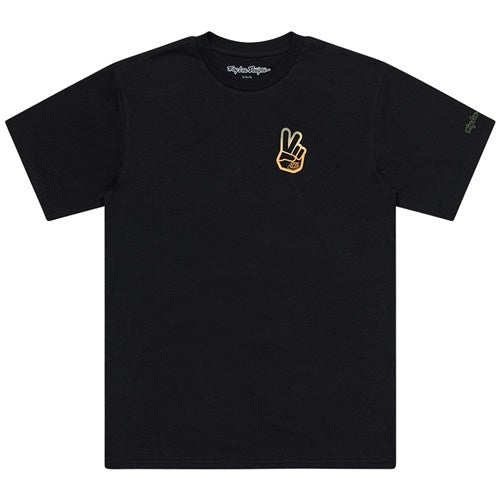 The TLD 25.1 Peace Out T-Shirt showcases a black design with a small yellow peace hand sign graphic on the left chest, radiating good vibes.