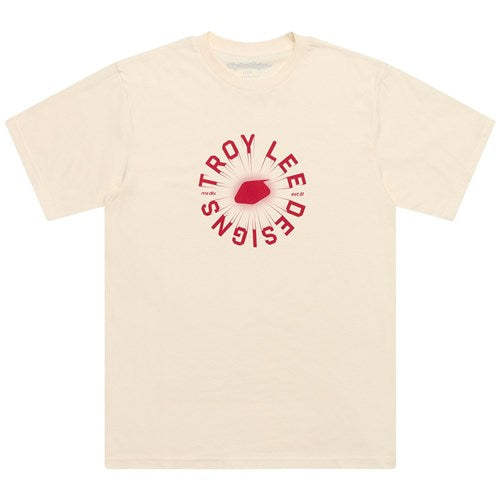 The TLD 25.1 Rotation SS T-Shirt features a beige design with "Troy Lee Designs" in a circular red pattern surrounding a central red graphic, ideal for your daily rotation and living the good life.