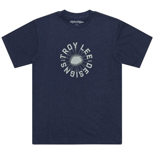 Navy blue TLD 25.1 Rotation SS T-Shirt showcasing "Troy Lee Designs" and a central geometric pattern, ideal for daily wear.