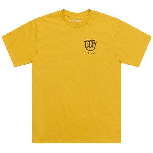 The TLD 25.1 Smiley SS T-Shirt is a yellow tee featuring a small "Troy" text logo on the left chest, designed to brighten your life and keep you smiling.