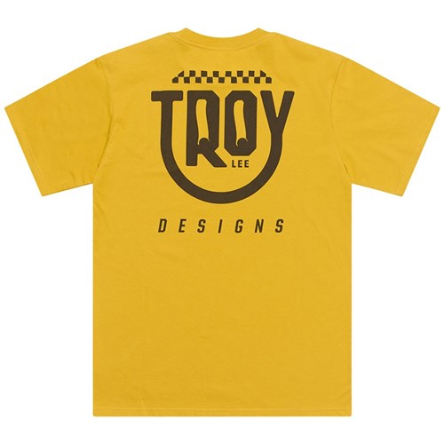 The TLD 25.1 Smiley SS T-Shirt is a vibrant yellow tee that will brighten your life, featuring "Troy Lee Designs" boldly printed on the back in black.