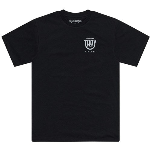 The TLD 25.1 Smiley SS T-Shirt is a black tee showcasing the "Troy Lee Designs" logo in white on the left chest, ideal for adding style and simplicity to your wardrobe.