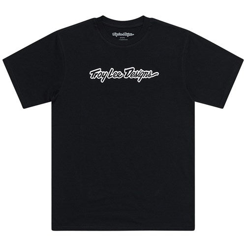 The TLD 25.1 Signature SS T-Shirt features "Troy Lee Designs" in white cursive across a black backdrop, epitomizing the brand's iconic style. This standout tee is a must-have for any fashion-forward wardrobe.