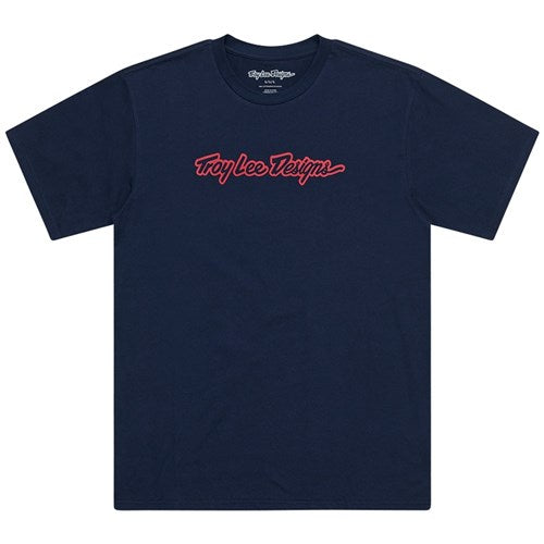 Navy TLD 25.1 Signature SS T-Shirt showcasing the iconic "Troy Lee Designs" in bright red script on the front.