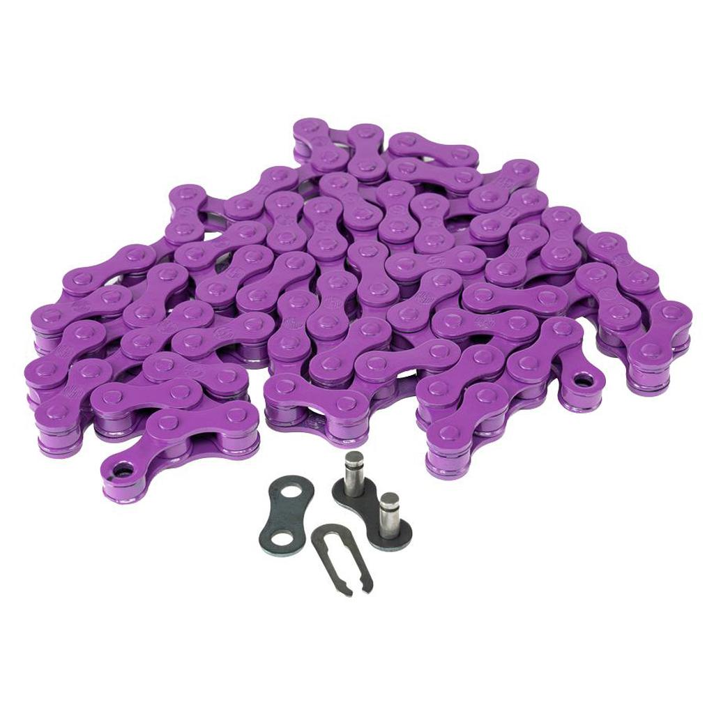 A pile of purple bicycle chain and connecting links resembling the Salt Traction Chain is set against a white backdrop.