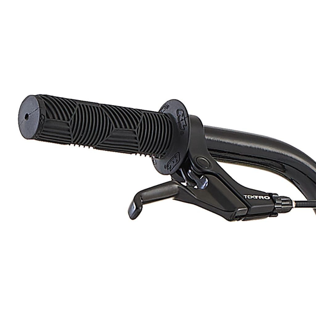 Close-up of a black bicycle handlebar with a textured rubber grip and a Tektro brake lever, perfect for the Redline MX Junior Bike's aluminum frame ideal for BMX racing.