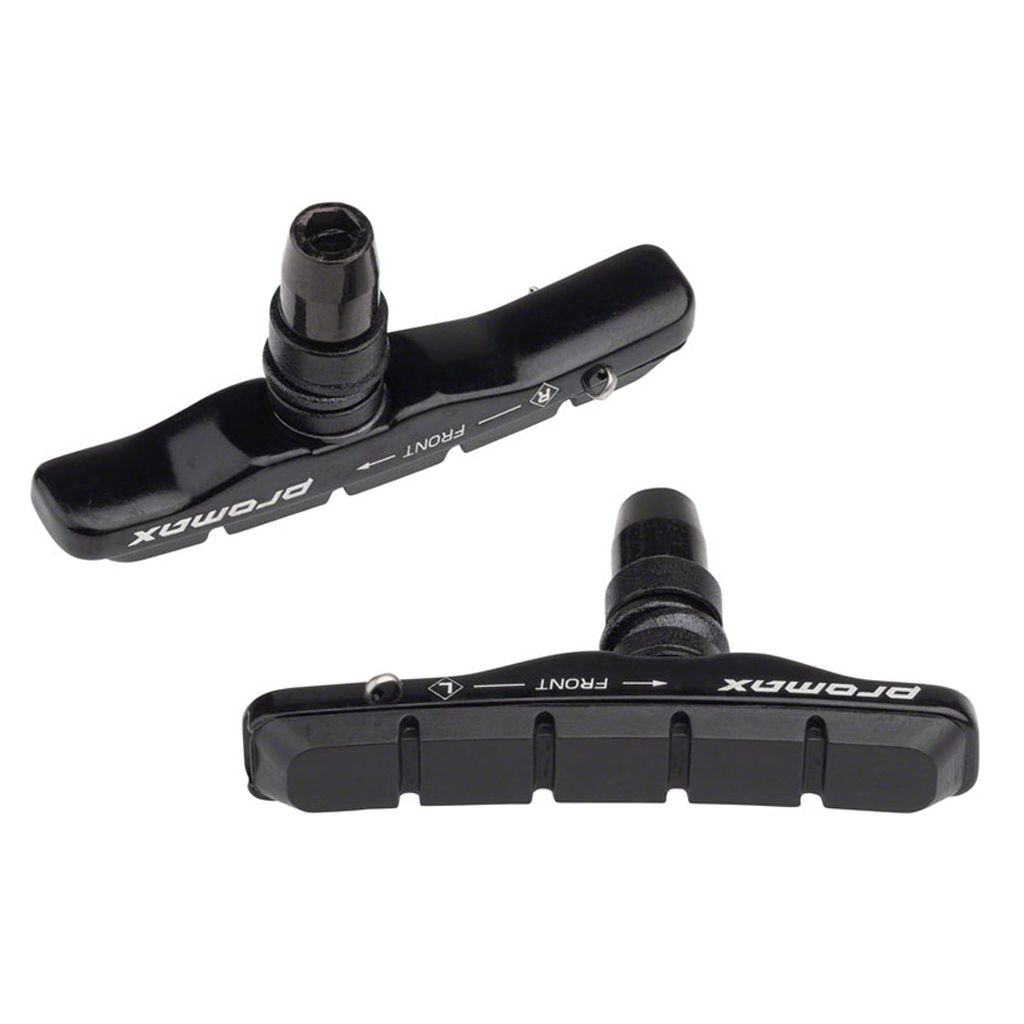 Two Promax B-1 Cartridge Brake Pads in black, featuring attachment bolts and directional indicators, specifically designed for V-brake pad sets.