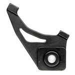 Close-up of a black metal bracket with a curved hook and a square base featuring a circular opening, designed for seamless disc integration, the Staystrong 120mm Disc Brake Mount.