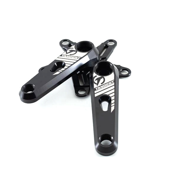 Two black Tangent Halo 5 Bolt Square Taper Cranks, crafted from CNC 7075 Aluminium, featuring a white "Tangent" logo, are stacked on top of each other.