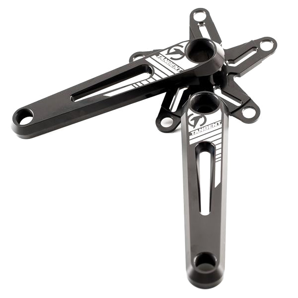 A pair of black CNC 7075 Aluminium bicycle crank arms with white "Tangent" branding, featuring a sleek design with cut-out sections for weight reduction. These Tangent Halo 5 Bolt Square Taper Cranks ensure durability and performance on any ride.