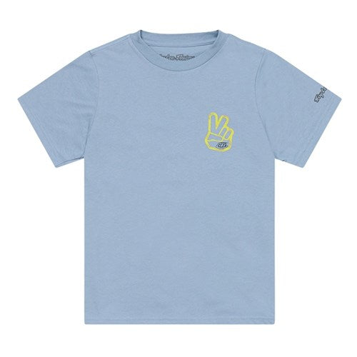 The TLD 25.1 Peace Out SS T-Shirt (Youth) is a light blue short-sleeve tee with a yellow peace sign graphic on the front left side.