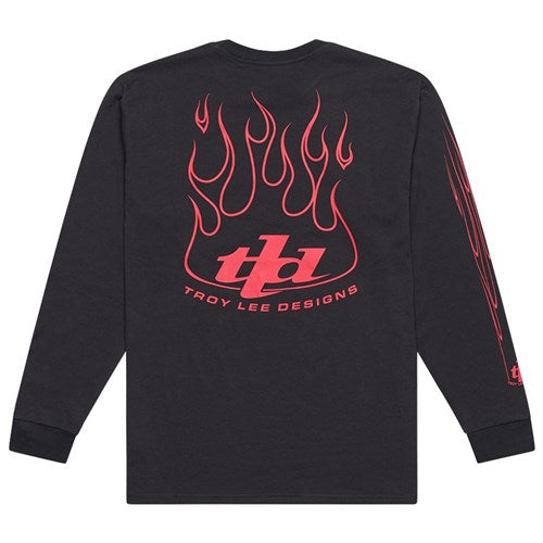 Introducing the TLD 25.1 Torched LS Shirt—this long sleeve features a vibrant red flame graphic and the iconic "Troy Lee Designs" logo on the back, embodying the legendary style of this renowned brand.