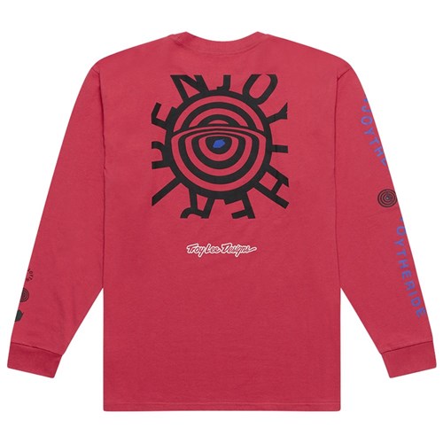 The TLD 25.1 Enjoy LS Shirt is a red long-sleeve with an abstract black circular design and text on the front. A blue and black target graphic appears on the back above the Taylor Gang logo, while the sleeves feature "ROTHRIDE," making it ideal for winter shreds.