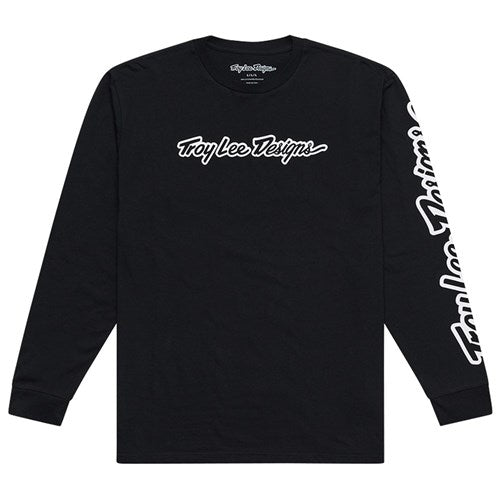 The TLD 25.1 Signature LS Shirt is a black long-sleeve shirt with "Troy Lee Designs" in crisp white on the front and down the right sleeve, ideal for chilly winter days.