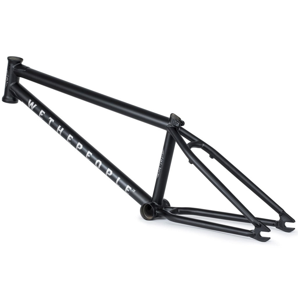 The Wethepeople Audio 22 Inch Frame/Fork Kit features a sleek black BMX bike frame with the text "WETHEPEOPLE" prominently displayed on the down tube. It includes rear dropouts and a bottom bracket shell, crafted from durable chromoly to ensure strength and performance.