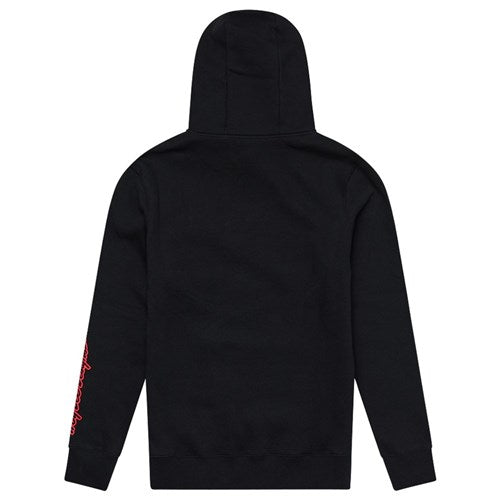 The TLD 25.1 Badge Hoodie is a black winter hoodie with a hood and a vibrant red design on the right sleeve to enhance your style.